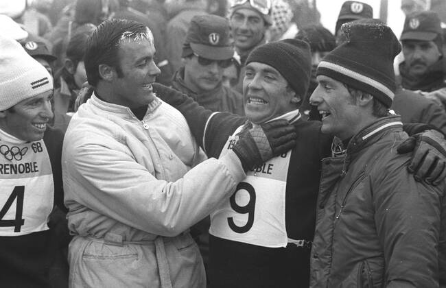 Slalom Winter Olympics Austrian skier Karl Schranz being congratulated by teammate Toni Sailer ( left ) and Frenchman Jean Claude Killy after winning the Olympic slalom event . 18th February 1968 France  Copyright: xTopFotox UPI550973
