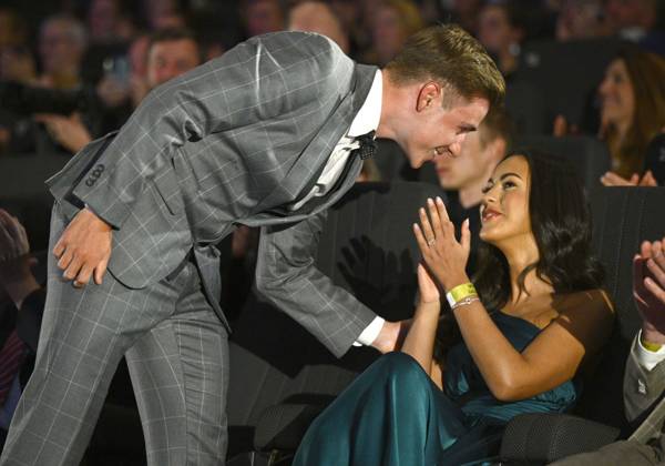 ANTWERPEN, BELGIUM - JANUARY 06 : EVENEPOEL Remco and his wife Oumii pictured during the annual sports gala awards 2022 on January 6, 2023 in Antwerpen, Belgium, 6 01 2023 ( Sports gala awards 2022 PhotoNews Panoramic