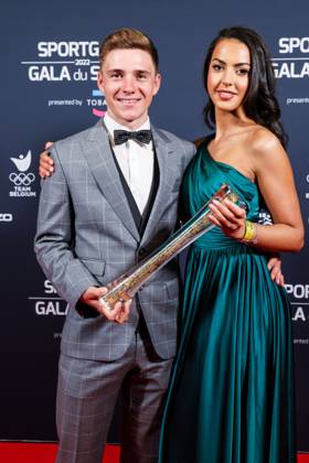Belgian road cyclist Remco Evenepoel wins Sportman van het jaar Sportif de l annee award and celebrates with his wife Oumii Rayane during the Sportgala award show, to announce the women and men of the year 2022, Friday 06 January 2023 in Antwerp. KURTxDESPLENTER  x57920870x