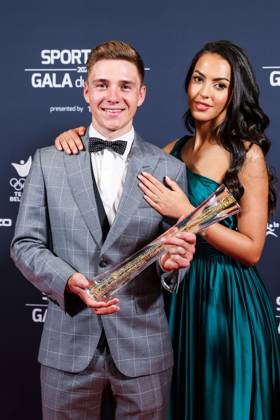 Belgian road cyclist Remco Evenepoel wins Sportman van het jaar Sportif de l annee award and celebrates with his wife Oumii Rayane during the Sportgala award show, to announce the women and men of the year 2022, Friday 06 January 2023 in Antwerp. KURTxDESPLENTER  x57920912x