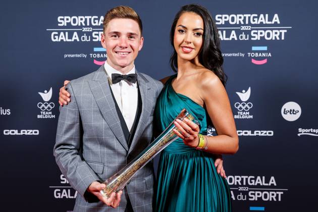 Belgian road cyclist Remco Evenepoel wins Sportman van het jaar Sportif de l annee award and celebrates with his wife Oumii Rayane during the Sportgala award show, to announce the women and men of the year 2022, Friday 06 January 2023 in Antwerp. KURTxDESPLENTER  x57920913x