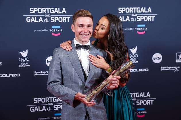 Belgian road cyclist Remco Evenepoel wins Sportman van het jaar Sportif de l annee award and celebrates with his wife Oumii Rayane during the Sportgala award show, to announce the women and men of the year 2022, Friday 06 January 2023 in Antwerp. KURTxDESPLENTER  x57922725x