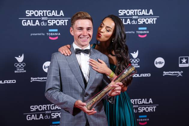 Belgian road cyclist Remco Evenepoel wins Sportman van het jaar Sportif de l annee award and celebrates with his wife Oumii Rayane during the Sportgala award show, to announce the women and men of the year 2022, Friday 06 January 2023 in Antwerp. KURTxDESPLENTER  x57922728x