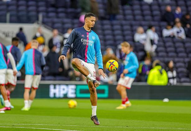 Tottenham Hotspur v Arsenal Premier League 15 01 2023. William Saliba (12) of Arsenal warms up during the Premier League match between Tottenham Hotspur and Arsenal at Tottenham Hotspur Stadium, London, United Kingdom on 15 January 2023. Editorial use only DataCo restrictions apply See www.football-dataco.com , Copyright: xNigelxKeenex PSI-16717-0003