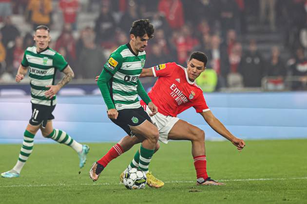 January 15, 2023, Lisbon, Portugal: Francisco Trincao (L) of Sporting CP and Alexander Bah (R) of SL Benfica in action during the Liga Portugal Bwin match between SL Benfica and Sporting CP at Estadio da Luz. Final score; SL Benfica 2:2 Sporting CP. Lisbon Portugal - ZUMAs197 20230115_zaa_s197_590 Copyright: xDavidxMartinsx