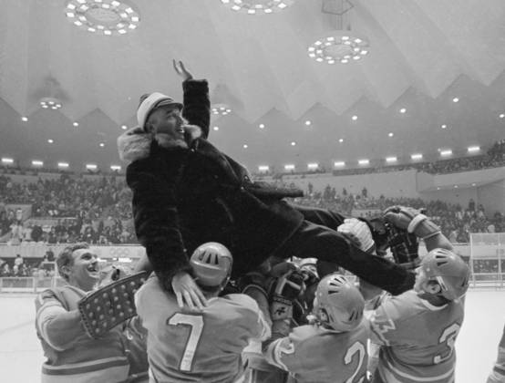 Sapporo, Japan. February 13, 1972. Soviet national hockey team coach Arkady Chernyshev and the players celebrate their gold medals in the Ice hockey, Eishockey tournament at the 1972 Winter Olympics after winning in the match against the Czechoslovakia team, which ended with a score of 5:2 for the USSR. Viktor Budan TASS  32431515