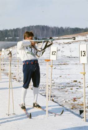 Minsk, Byelorussian SSR, USSR. Two-time Olympic champion, multiple world champion, Soviet biathlete Alexander Tikhonov shoots at the firing line during the race at the 13th Biathlon World Championships in the Raubichi Sports Complex. Vyacheslav Un Da-Sin TASS  32486274