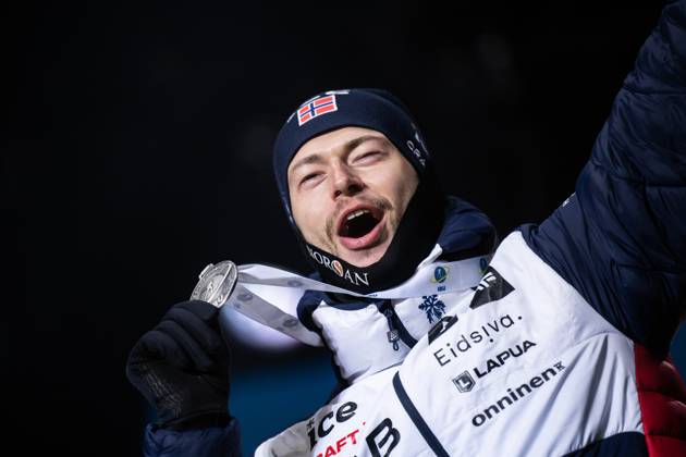 230212 Sturla Holm Laegreid of Norway celebrates with his silver medal at a medal ceremony during the IBU Biathlon World Championships on February 12, 2023 in Oberhof Photo Mathias Bergeld BILDBYRAN code MB MB0546 biathlon biathlon biathlon biathlon world championships ibu world championships biathlon world championships medal ceremony medal ceremony day 5 bbeng, Copyright: MATHIASxBERGELD BB230212MB222