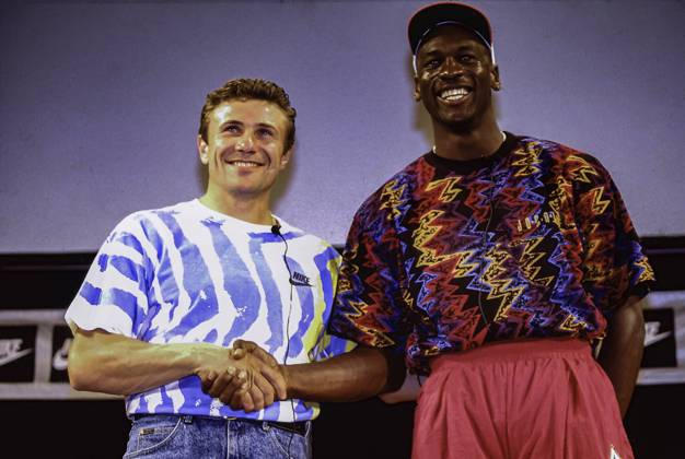 RECORD DATE NOT STATED Basketball NBA, Basketball Herren, USA Michael Jordan Michael Jordan (USA) -L- and Seggei Bubka (UKR) during Nike press conference, PK, Pressekonferenz at the 1992 Olympic Summer Games Olympic Summer Games Barcelona Spain Copyright: xDuomo PCNx BK2404 106008
