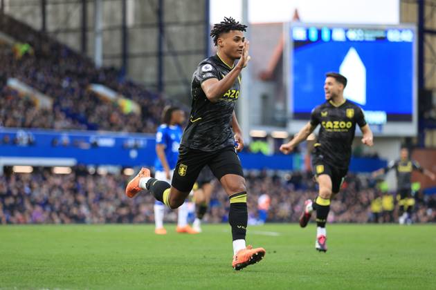 Fußball Premier League Everton gegen Aston Villa 25. Februar 2023 Premier League Everton gegen Aston Villa Ollie Watkins von Aston Villa jubelt nach seinem ersten Tor Foto Simon Stacpoole Abseits Liverpool UK Copyright: xSimonxStacpoolexOffside