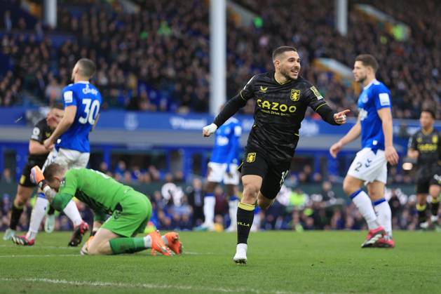 Fußball Premier League Everton gegen Aston Villa 25. Februar 2023 Premier League Everton gegen Aston Villa Emi Buendia von Aston Villa jubelt nach seinem zweiten Tor Foto Simon Stacpoole Abseits Liverpool UK Copyright: xSimonxStacpoolexOffside
