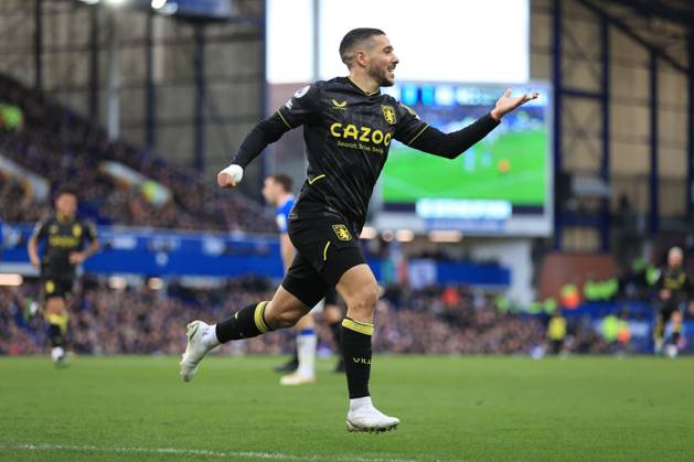 Fußball Premier League Everton gegen Aston Villa 25. Februar 2023 Premier League Everton gegen Aston Villa Emi Buendia von Aston Villa jubelt nach seinem zweiten Tor Foto Simon Stacpoole Abseits Liverpool UK Copyright: xSimonxStacpoolexOffside
