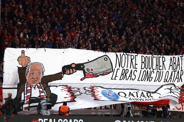 Munich, Germany, 8th March 2023. FC Bayern Munich fans display a banner prior to kick off in the UEFA Champions League match at Allianz Arena, Munich. Picture credit should read: Jonathan Moscrop Sportimage EDITORIAL USE ONLY. No use with unauthorised audio, video, data, fixture lists, club league logos or live services. Online in-match use limited to 120 images, no video emulation. No use in betting, games or single club league player publications. SPI-2286-0061