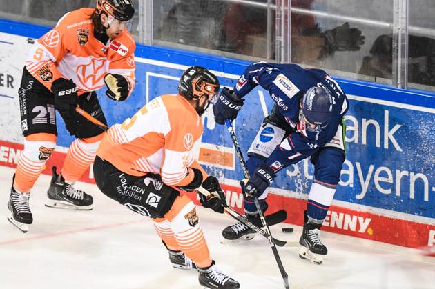 Straubing Tigers vs Grizzlys Wolfsburg, ice hockey, German ice hockey league, penny DEL, 1 matchday playoffs quarterfinals, season 2022 2023, 14 03 2023 Taylor Leier Straubing Tigers fighting for the puck with Dustin Jeffrey Grizzlys Wolfsburg , ice hockey men, German ice hockey league, penny DEL, 1 matchday playoffs quarterfinals, season 2022 2022 on 14 03 2023 at Eisstadion am Pulverturm, Straubing Tigers blue vs Grizzlys Wolfsburg white