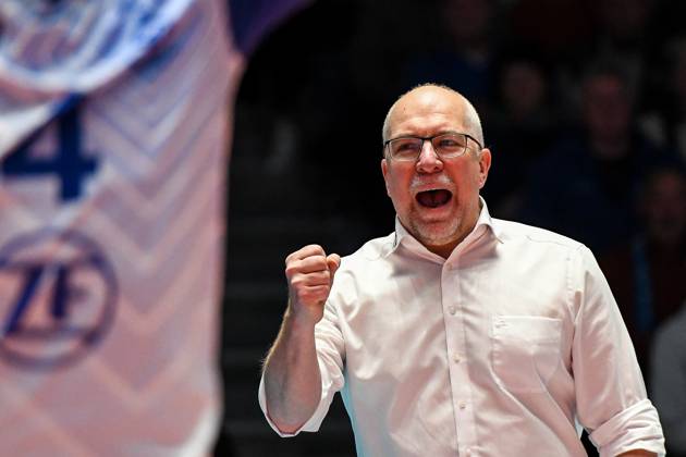 GER, VBL, VfB Friedrichshafen vs Berlin Recycling Volleys 19 03 2023, Bodensee Airport Arena, Friedrichshafen, GER, VBL, VfB Friedrichshafen vs Berlin Recycling Volleys, in picture Mark Lebedew Friedrichshafen , joy after important point win nordphotoxGmbHx xHafner nph00200