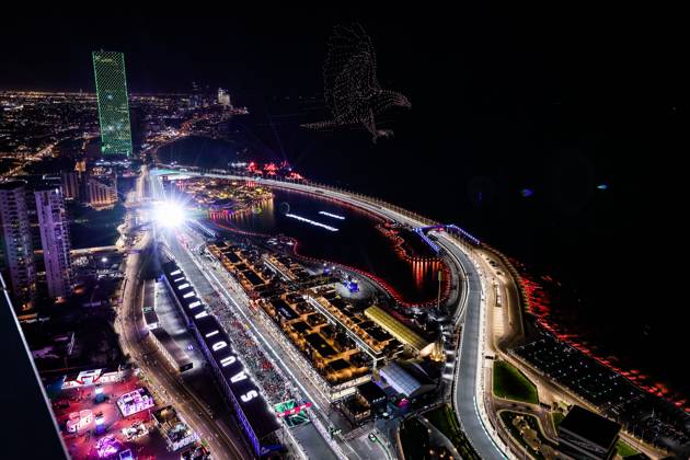 Drone show over the starting grid seen from the sky during the Formula 1 STC Saudi Arabian Grand Prix 2023, 2nd round of the 2023 Formula One World Championship, WM, Weltmeisterschaft from March 17 to 19, 2023 on the Jeddah Corniche Circuit, in Jeddah, Saudi Arabia - F1 - SAUDI ARABIAN GRAND PRIX 2023 - RACE DPPI Panoramic 20230319_GOOD0865
