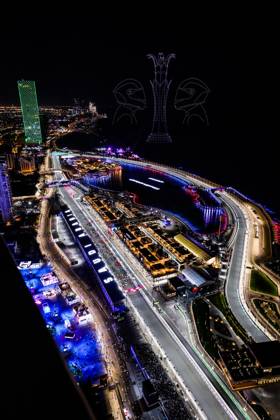 Drone show over the starting grid seen from the sky during the Formula 1 STC Saudi Arabian Grand Prix 2023, 2nd round of the 2023 Formula One World Championship, WM, Weltmeisterschaft from March 17 to 19, 2023 on the Jeddah Corniche Circuit, in Jeddah, Saudi Arabia - F1 - SAUDI ARABIAN GRAND PRIX 2023 - RACE DPPI Panoramic 20230319_GOOD0901