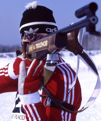 Lake Placid, United States. Soviet athlete Alexander Tikhonov competes during the 4 x 7,5 km men s biathlon event during the 1980 Winter Olympics. Robert Maximov TASS  58125158