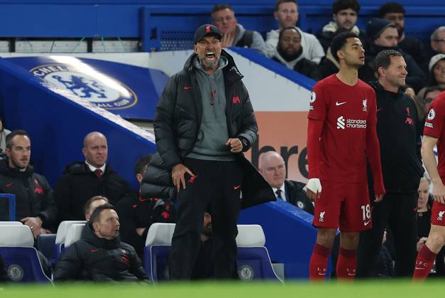 London, England, 4th April 2023. Jurgen Klopp, Manager of Liverpool reacts during the Premier League match at Stamford Bridge, London. Picture credit should read: Paul Terry Sportimage EDITORIAL USE ONLY. No use with unauthorised audio, video, data, fixture lists, club league logos or live services. Online in-match use limited to 120 images, no video emulation. No use in betting, games or single club league player publications. SPI-2349-0039