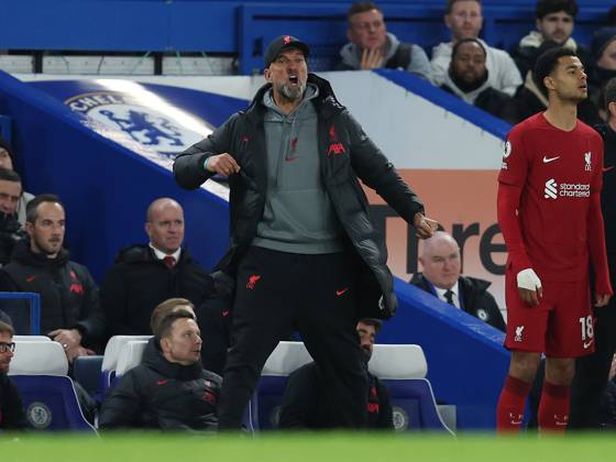 London, England, 4th April 2023. Jurgen Klopp, Manager of Liverpool reacts during the Premier League match at Stamford Bridge, London. Picture credit should read: Paul Terry Sportimage EDITORIAL USE ONLY. No use with unauthorised audio, video, data, fixture lists, club league logos or live services. Online in-match use limited to 120 images, no video emulation. No use in betting, games or single club league player publications. SPI-2349-0040