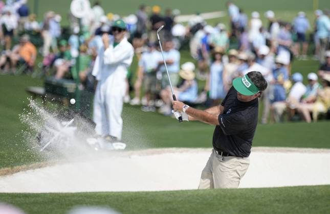 Bubba Watson hits from the bunker on the seventh hole during the first round at the Masters tournament at Augusta National Golf Club in Augusta, Georgia on Thursday, April 6, 2023.  AUG20230406217 BOBxSTRONG