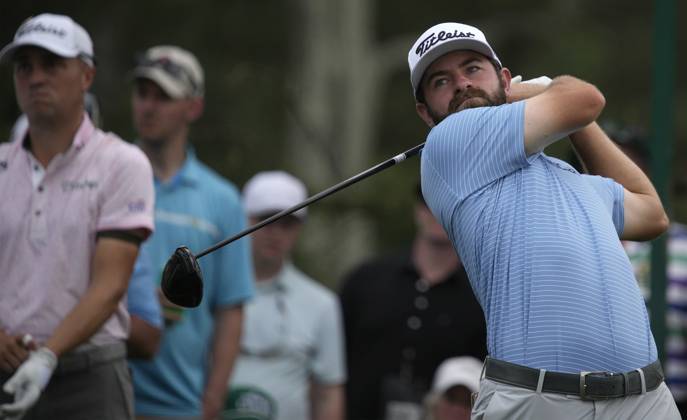 Cameron Young tees off on the 18th hole during the first round at the Masters tournament at Augusta National Golf Club in Augusta, Georgia on Thursday, April 6, 2023.  AUG20230406223 BOBxSTRONG