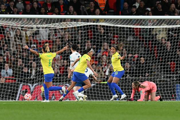 England Women v Brazil CONMEBOL UEFA Women s Champions Cup Finalissima Andressa Alves of Brazil celebrates scoring the equalising goal during the CONMEBOL UEFA Women s Champions Cup Finalissima match between England Women and Brazil at Wembley Stadium, London, England on 6 April 2023. London Wembley Stadium Greater London England Editorial use only , Copyright: xGrahamxHuntx PSI-17188-0079