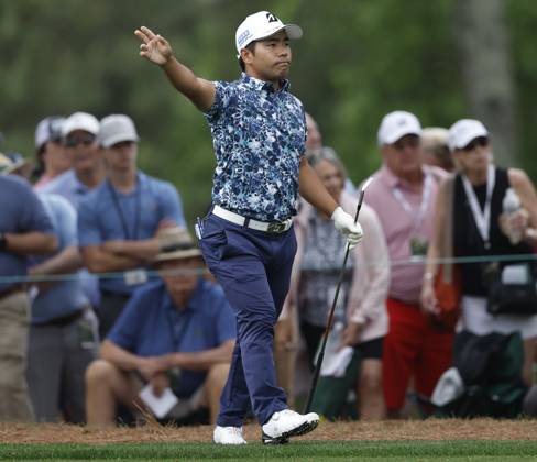 Kabuki Higa reacts after hitting approach shot to first green during first round at the Masters tournament at Augusta National Golf Club in Augusta, Georgia on Thursday, April 6, 2023.  AUG20230406240 JOHNxANGELILLO