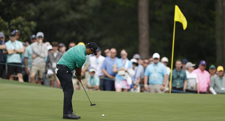 Patrick Reed putts on the first green during the first round at the Masters tournament at Augusta National Golf Club in Augusta, Georgia on Thursday, April 6, 2023.  AUG20230406242 JOHNxANGELILLO