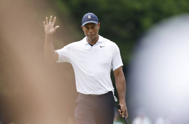 Tiger Woods reacts after making a birdie on the 15th hole in the first round of the Masters Tournament at Augusta National Golf Club in Augusta, Georgia on Thursday, April 6, 2023.  AUG20230406017 JOHNxANGELILLO