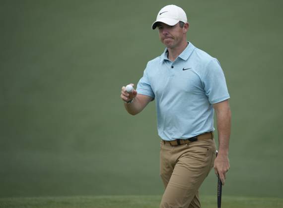 Rory McElroy reacts after birdie putt on second hole at the Masters tournament at Augusta National Golf Club in Augusta, Georgia on Thursday, April 6, 2023.  AUG20230406263 BOBxSTRONG