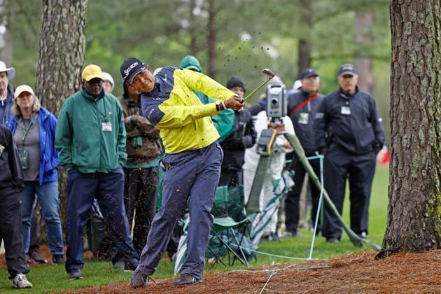 Golf: Masters Tournament Japan s Hideki Matsuyama plays a shot on the seventh hole during the third round of the Masters Tournament at Augusta National Golf Club in Augusta, Georgia, on April 8, 2023.  A14AA0001414706P 