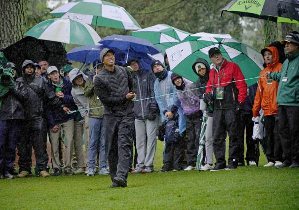 Golf: Masters Tournament Tiger Woods watches his shot on the 14th hole during the third round of the Masters Tournament at Augusta National Golf Club in Augusta, Georgia, on April 8, 2023.  A14AA0001414729P 