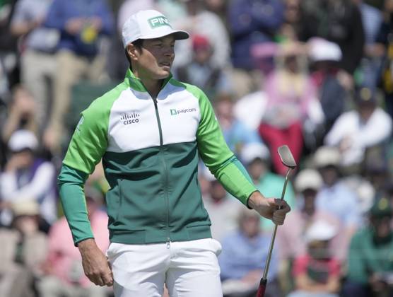 Golf, PGA, Masters Tournament in Augusta Viktor Hovland reacts after sinking putt at the 2nd hole during the final round at the 87th Masters tournament at Augusta National Golf Club in Augusta, Georgia on Sunday, April 9, 2023.  AUG20230409221 BOBxSTRONG