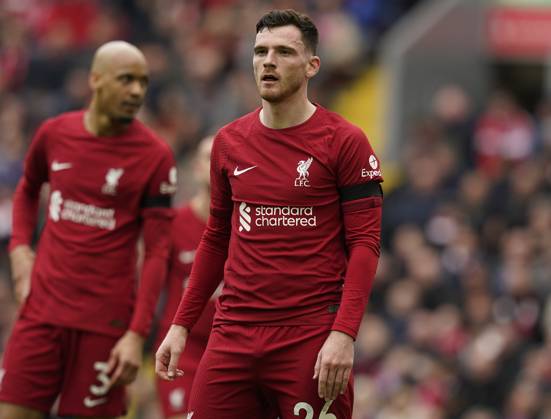 Liverpool, England, 9th April 2023. Andrew Robertson of Liverpool during the Premier League match at Anfield, Liverpool. Picture credit should read: Andrew Yates Sportimage EDITORIAL USE ONLY. No use with unauthorised audio, video, data, fixture lists, club league logos or live services. Online in-match use limited to 120 images, no video emulation. No use in betting, games or single club league player publications. SPI-2358-0158