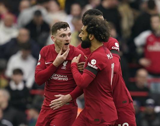 Liverpool, England, 9th April 2023. Andrew Robertson of Liverpool is held back by Mohamed Salah of Liverpool at half time after being struck by the linesman during the Premier League match at Anfield, Liverpool. Picture credit should read: Andrew Yates Sportimage EDITORIAL USE ONLY. No use with unauthorised audio, video, data, fixture lists, club league logos or live services. Online in-match use limited to 120 images, no video emulation. No use in betting, games or single club league player publications. SPI-2358-0174