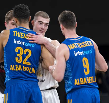 Johannes Thiemann Alba , Ziga Samar Towers , Jonas Mattisseck Alba 16 04 23, Hamburg, Veolia Towers Hamburg vs Alba Berlin, easyCredit BBL, Basketball Bundesliga, 1 Liga, season 2022 2023, 28 matchday Â