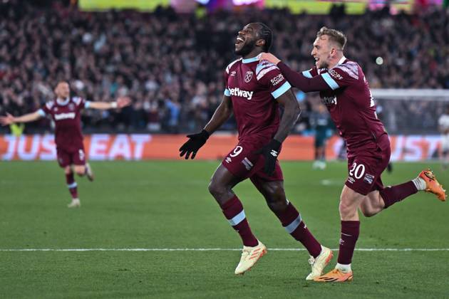 LONDON, ENGLAND - APRIL 20: Michail Antonio celebrates after scoring goal during the UEFA Europa Conference League quarterfinal second leg match between West Ham United and KAA Gent at London Stadium on April 20, 2023 in London, United Kingdom. Photo by Sebastian Frej West Ham United v KAA Gent: Quarterfinal Second Leg - UEFA Europa Conference League Copyright: xSebastianxFrejx