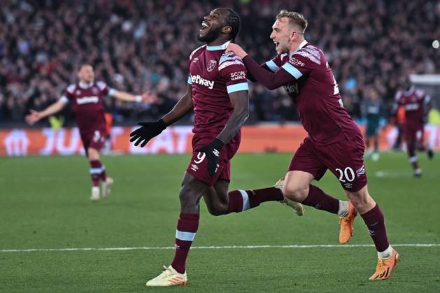 LONDON, ENGLAND - APRIL 20: Michail Antonio celebrates after scoring goal during the UEFA Europa Conference League quarterfinal second leg match between West Ham United and KAA Gent at London Stadium on April 20, 2023 in London, United Kingdom. Photo by Sebastian Frej West Ham United v KAA Gent: Quarterfinal Second Leg - UEFA Europa Conference League Copyright: xSebastianxFrejx