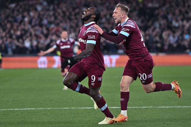 LONDON, ENGLAND - APRIL 20: Michail Antonio celebrates after scoring goal during the UEFA Europa Conference League quarterfinal second leg match between West Ham United and KAA Gent at London Stadium on April 20, 2023 in London, United Kingdom. Photo by Sebastian Frej West Ham United v KAA Gent: Quarterfinal Second Leg - UEFA Europa Conference League Copyright: xSebastianxFrejx