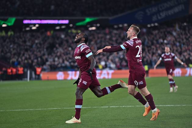 LONDON, ENGLAND - APRIL 20: Michail Antonio celebrates after scoring goal during the UEFA Europa Conference League quarterfinal second leg match between West Ham United and KAA Gent at London Stadium on April 20, 2023 in London, United Kingdom. Photo by Sebastian Frej West Ham United v KAA Gent: Quarterfinal Second Leg - UEFA Europa Conference League Copyright: xSebastianxFrejx