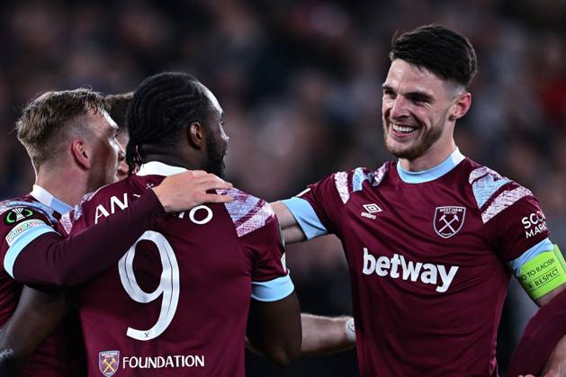 LONDON, ENGLAND - APRIL 20: Michail Antonio celebrates with Declan Rice after scoring goal during the UEFA Europa Conference League quarterfinal second leg match between West Ham United and KAA Gent at London Stadium on April 20, 2023 in London, United Kingdom. Photo by Sebastian Frej West Ham United v KAA Gent: Quarterfinal Second Leg - UEFA Europa Conference League Copyright: xSebastianxFrejx