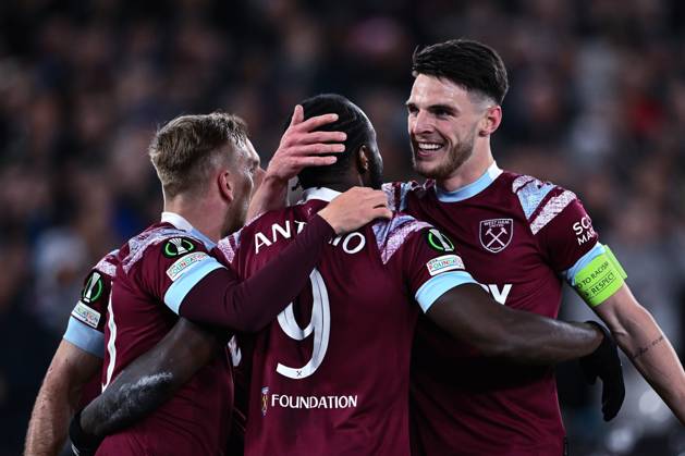 LONDON, ENGLAND - APRIL 20: Michail Antonio celebrates with Declan Rice after scoring goal during the UEFA Europa Conference League quarterfinal second leg match between West Ham United and KAA Gent at London Stadium on April 20, 2023 in London, United Kingdom. Photo by Sebastian Frej West Ham United v KAA Gent: Quarterfinal Second Leg - UEFA Europa Conference League Copyright: xSebastianxFrejx