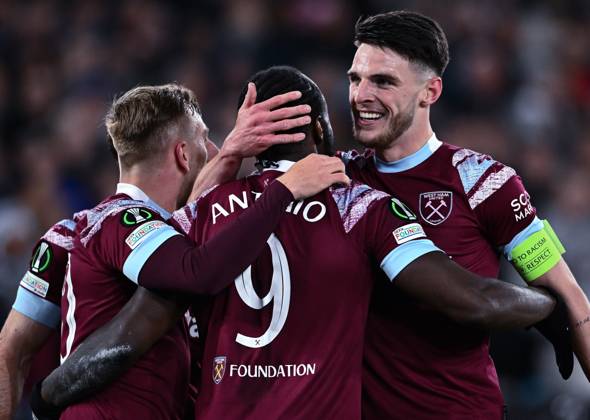 LONDON, ENGLAND - APRIL 20: Michail Antonio celebrates with Declan Rice after scoring goal during the UEFA Europa Conference League quarterfinal second leg match between West Ham United and KAA Gent at London Stadium on April 20, 2023 in London, United Kingdom. Photo by Sebastian Frej West Ham United v KAA Gent: Quarterfinal Second Leg - UEFA Europa Conference League Copyright: xSebastianxFrejx