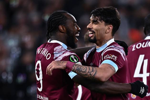 LONDON, ENGLAND - APRIL 20: Michail Antonio celebrates with Lucas Paqueta after scoring goal during the UEFA Europa Conference League quarterfinal second leg match between West Ham United and KAA Gent at London Stadium on April 20, 2023 in London, United Kingdom. Photo by Sebastian Frej West Ham United v KAA Gent: Quarterfinal Second Leg - UEFA Europa Conference League Copyright: xSebastianxFrejx