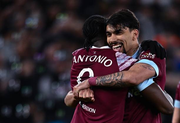 LONDON, ENGLAND - APRIL 20: Michail Antonio celebrates with Lucas Paqueta after scoring goal during the UEFA Europa Conference League quarterfinal second leg match between West Ham United and KAA Gent at London Stadium on April 20, 2023 in London, United Kingdom. Photo by Sebastian Frej West Ham United v KAA Gent: Quarterfinal Second Leg - UEFA Europa Conference League Copyright: xSebastianxFrejx