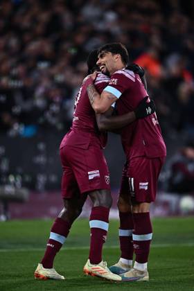LONDON, ENGLAND - APRIL 20: Michail Antonio celebrates with Lucas Paqueta after scoring goal during the UEFA Europa Conference League quarterfinal second leg match between West Ham United and KAA Gent at London Stadium on April 20, 2023 in London, United Kingdom. Photo by Sebastian Frej West Ham United v KAA Gent: Quarterfinal Second Leg - UEFA Europa Conference League Copyright: xSebastianxFrejx