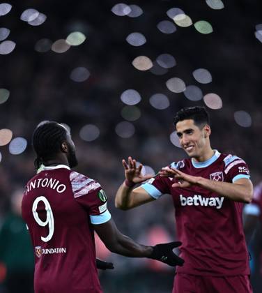 LONDON, ENGLAND - APRIL 20: Michail Antonio celebrates with Nayef Aguerd after scoring goal during the UEFA Europa Conference League quarterfinal second leg match between West Ham United and KAA Gent at London Stadium on April 20, 2023 in London, United Kingdom. Photo by Sebastian Frej West Ham United v KAA Gent: Quarterfinal Second Leg - UEFA Europa Conference League Copyright: xSebastianxFrejx