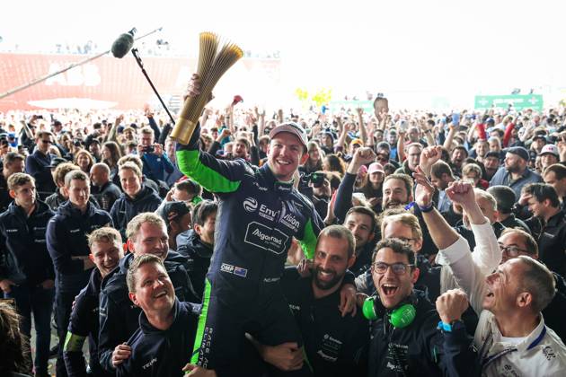 CASSIDY Nick (nzl), Envision Racing, Spark-Jaguar, Jaguar I - Time 6, portrait celebrating victory during the 2023 Berlin ePrix, 6th meeting of the 2022-23 ABB FIA Formula E World Championship, WM, Weltmeisterschaft on the Tempelhof Airport Street Circuit from April 21 to 23, 2023 in Berlin, Germany - AUTO - 2023 FORMULA E BERLIN ePRIX DPPI Panoramic  20230423_GOOD9793