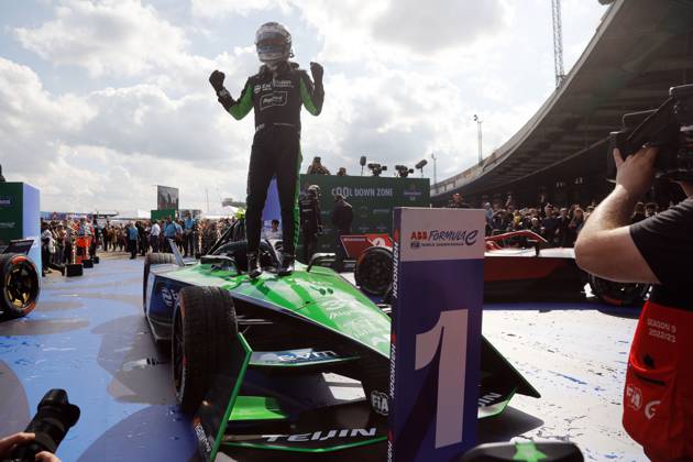 Winner Nick Cassidy NZL Envision cheering on his Envision, Race 2, Formula E FIA World Championship, Berlin E Prix, 23 04 2023, Tempelhof, Germany